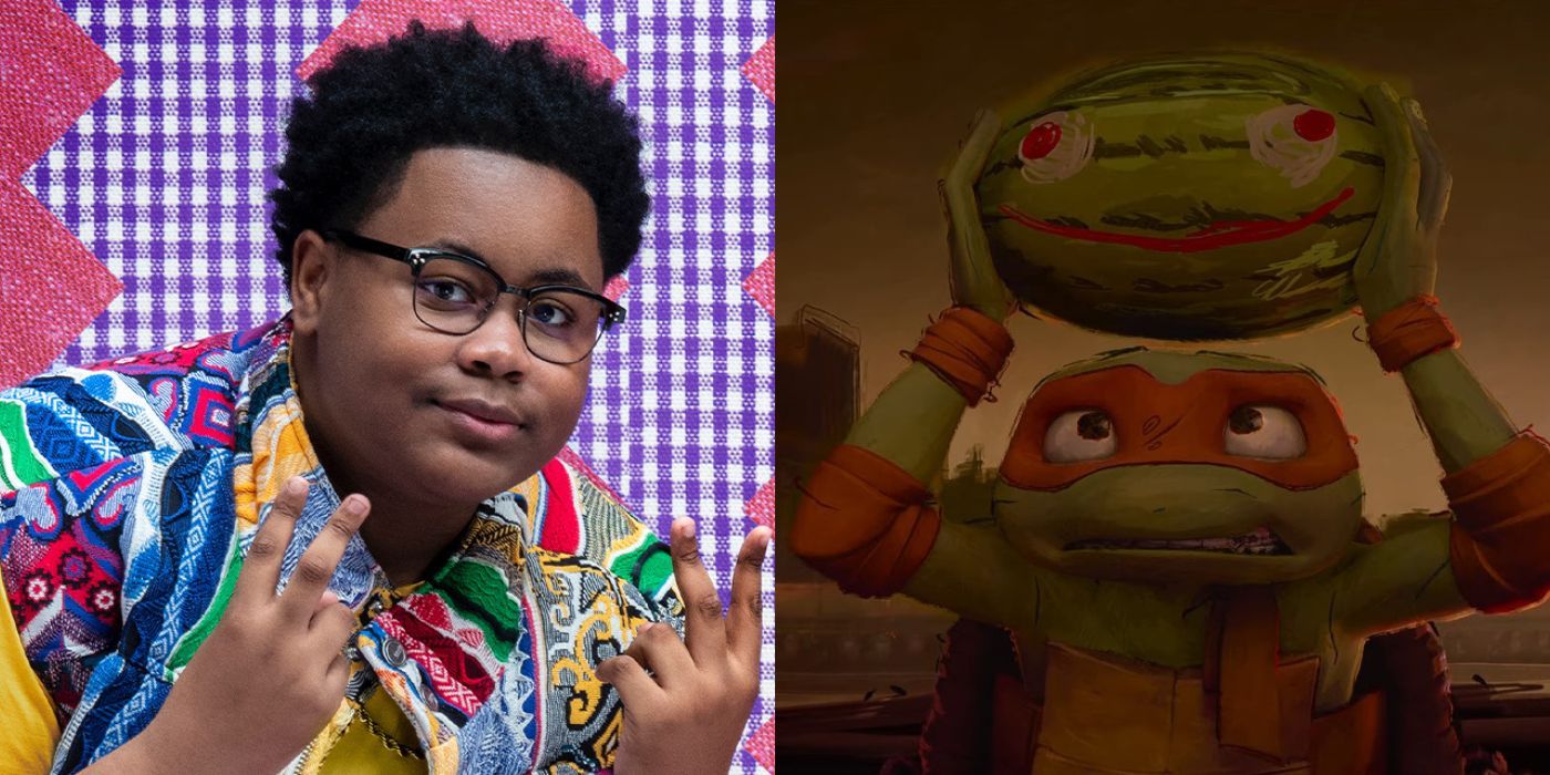 Shamon Brown Jr. in The Chi side-by-side with Michelangelo in Teenage Mutant Ninja Turtles: Mutant Mayhem