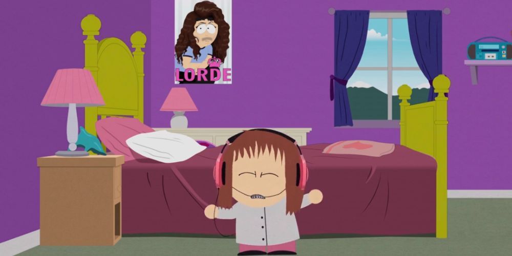 Shelly Marsh dancing with headphones in front of a Lorde poster in South Park