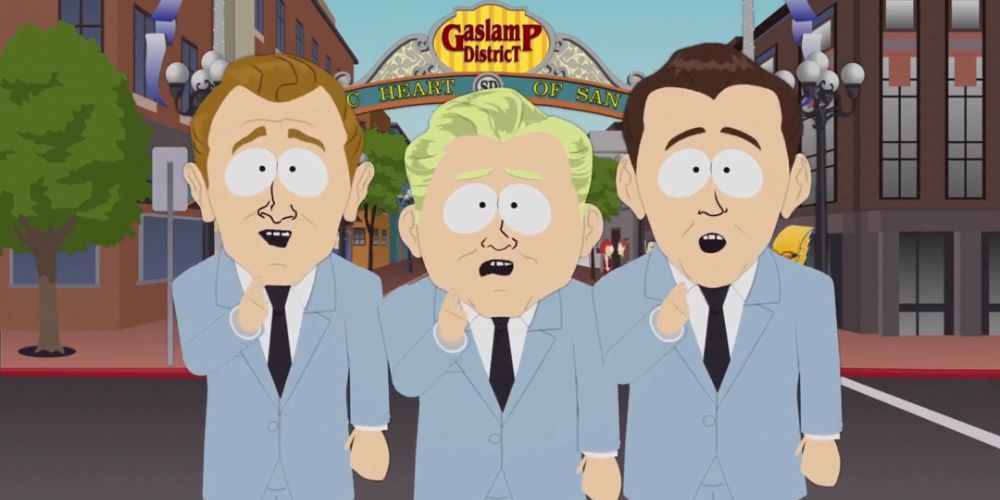 A trio of singers wearing blue suits performing San Diego in South Park
