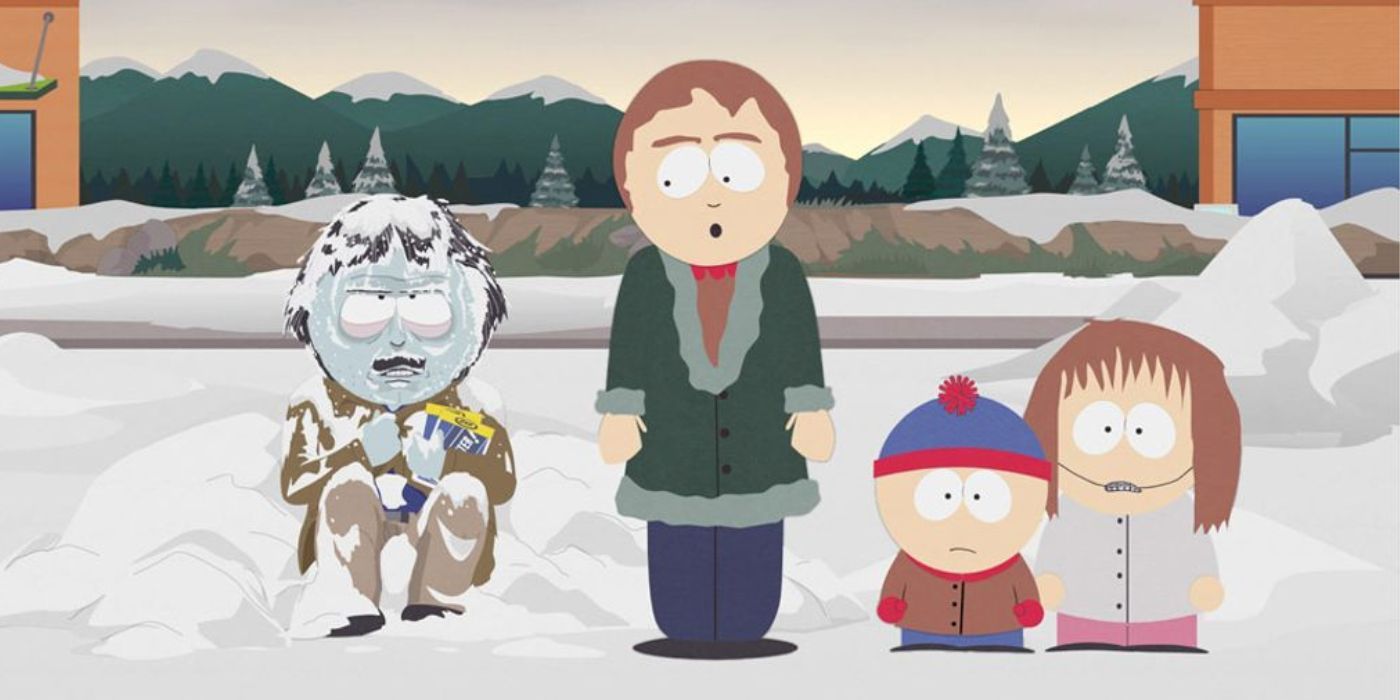 Sharon, Stan et Shelley à côté de Randy gelé dans la neige dans l'épisode de South Park 