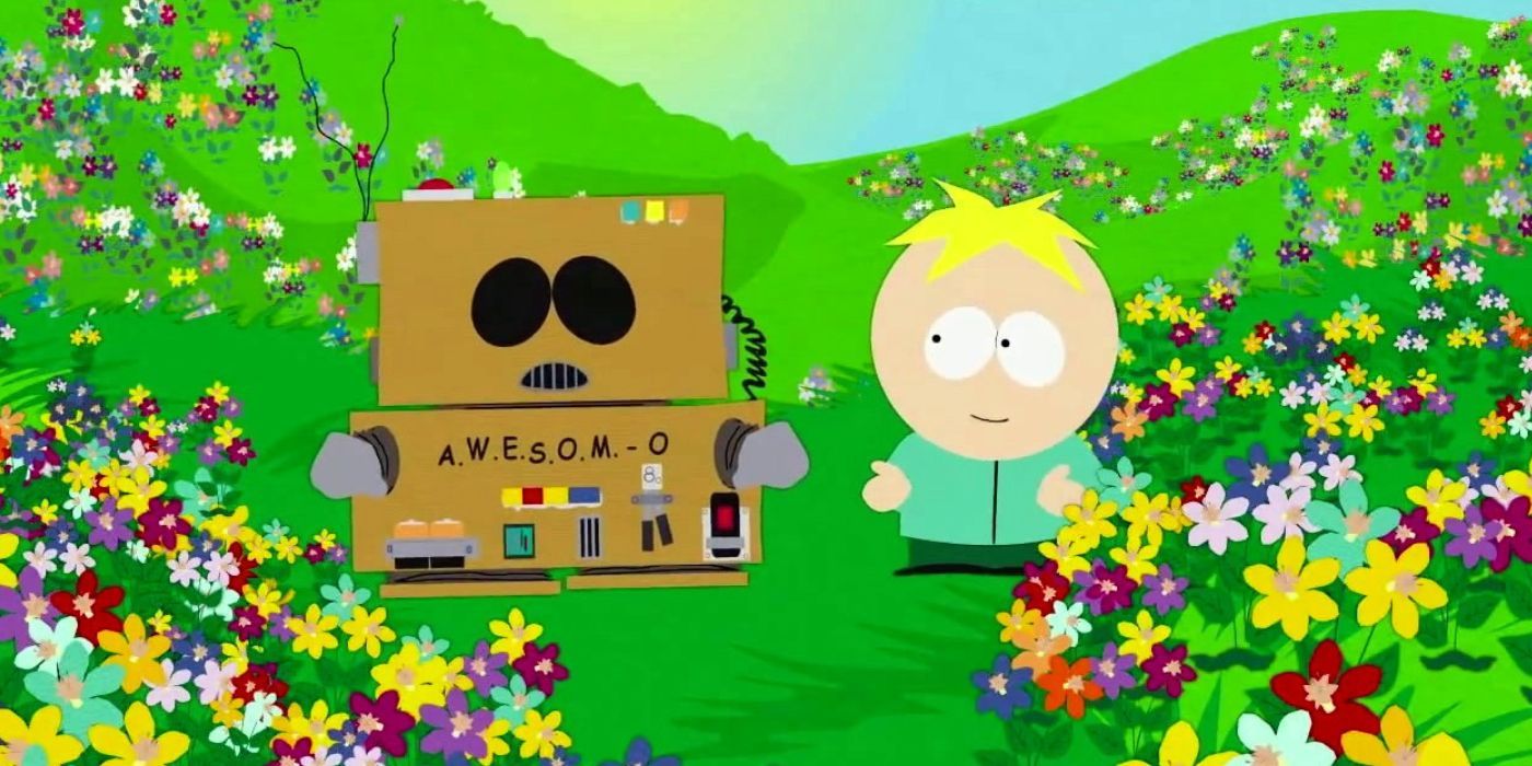 Eric Cartman dressed as a robot in a field of flowers with Butters in South Park