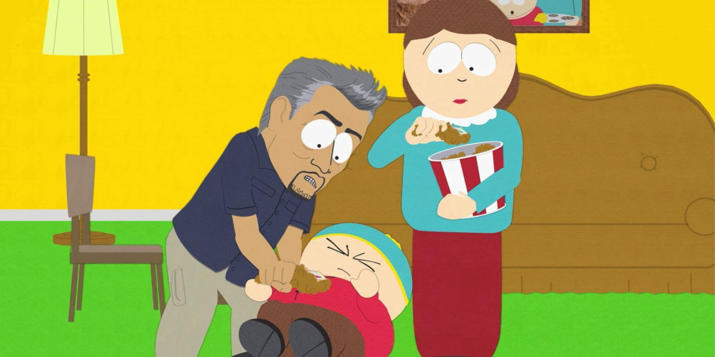 Caesar Milan training Eric Cartman and Eric's mom watching while eating chicken in South Park