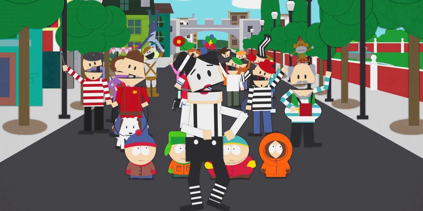 Stan, Kyle, Cartman et Kenny dans une rue avec des gens dans l'épisode de South Park 