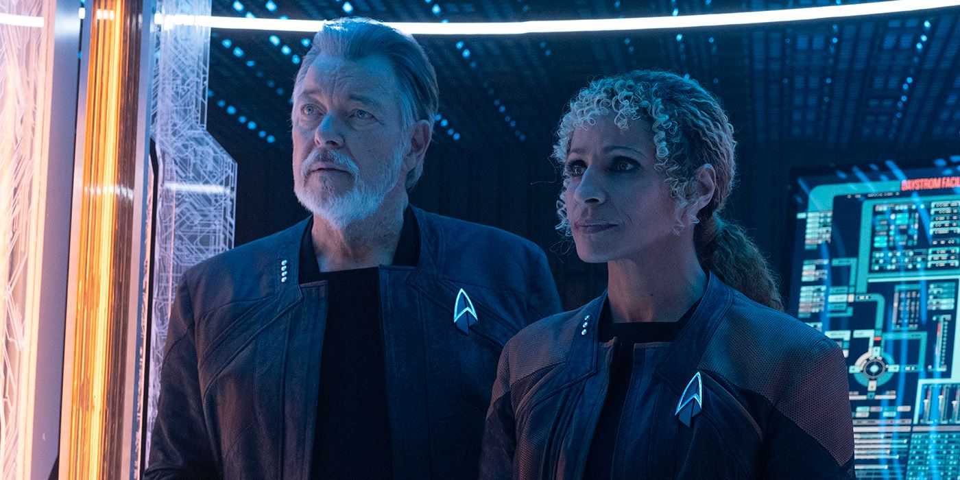 Jonathan Frakes as Will Riker and Michelle Hurd as Raffi in Star Trek Picard Season 3 Episode 6