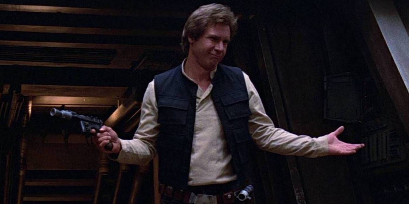 Harrison Ford as Han Solo holding up his blaster pistol in Return of the Jedi