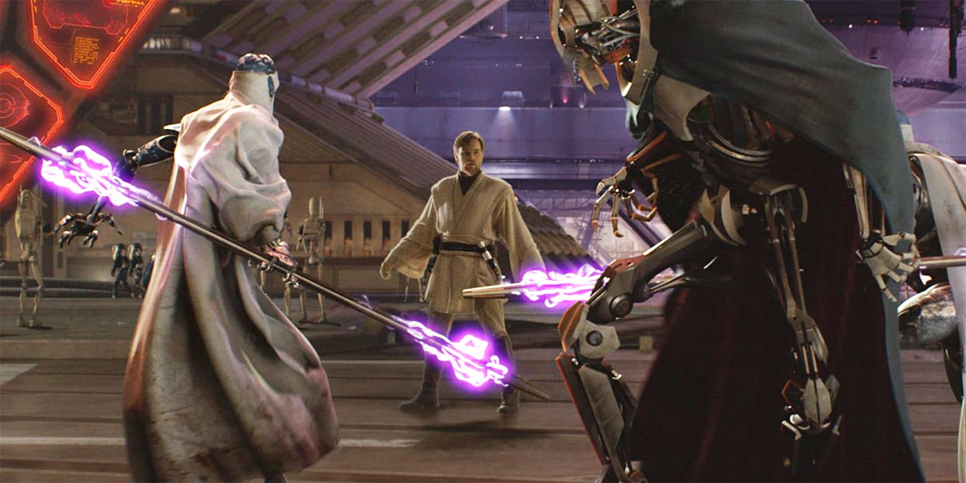 Ewan Mcgregor as Obi-Wan Kenobi fighting General Grievous in Star Wars: Revenge of the Sith