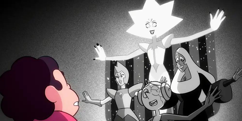 Steven affronte White Diamond avec ses sbires contrôlés par l'esprit : une perle, Blue Diamond et Yellow Diamond
