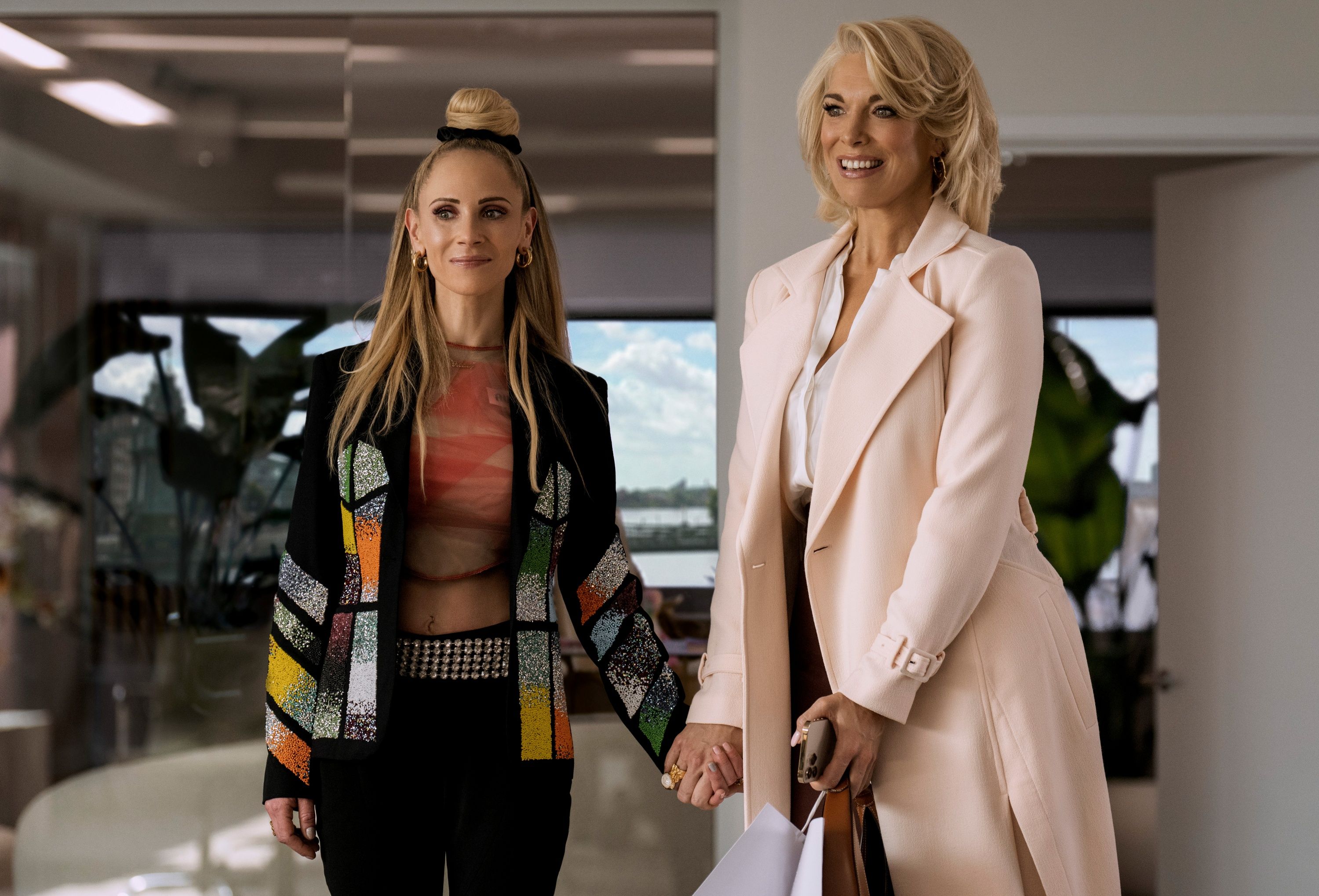 Hannah Waddingham as Rebecca Welton and Juno Temple as Keeley Jones in Season 3 of Ted Lasso