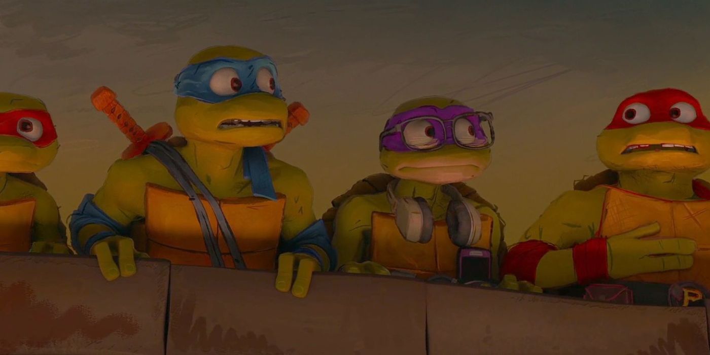 Michelangelo, Leonardo, Donatello, and Raphael on a rooftop in Teenage Mutant Ninja Turtles: Mutant Mayhem