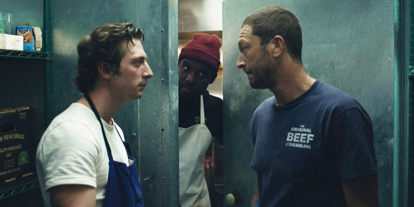 Jeremy Allen White, Lionel Boyce, and Ebon Moss-Bachrach as Carmy, Marcus, and Richie in The Bear