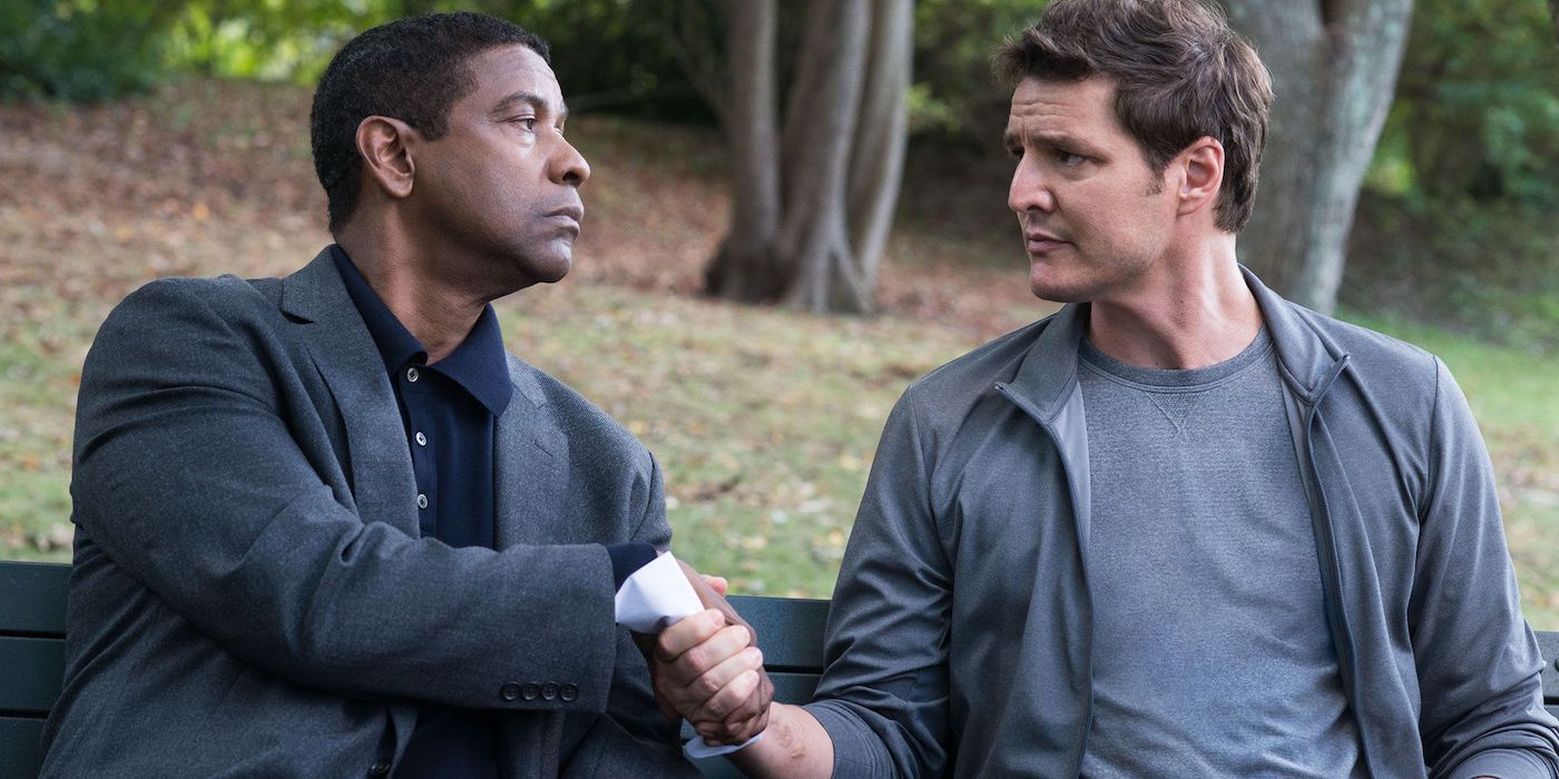 Denzel Washington shaking hands with Pedro Pascal in The Equalizer 2