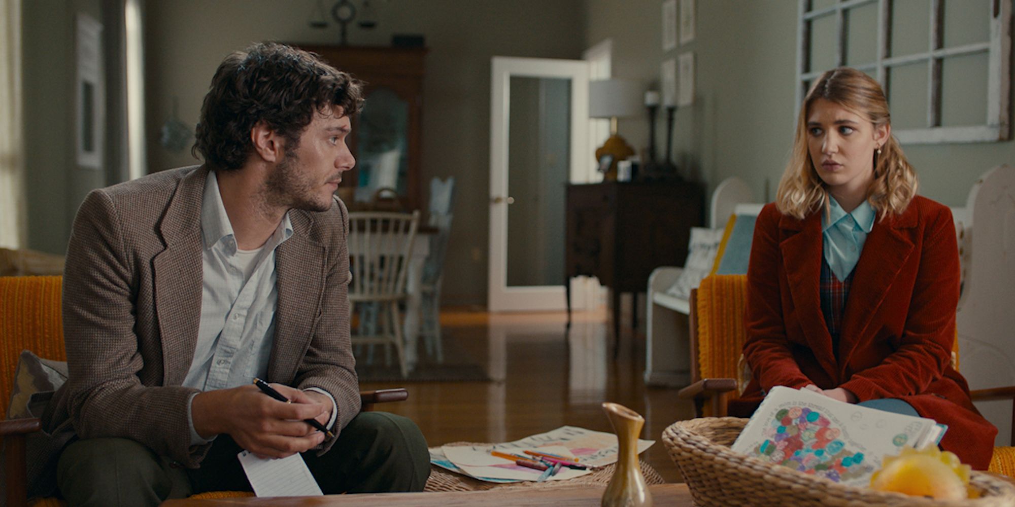 Adam Brody and Sophie Nélisse in 'The Kid Detective'