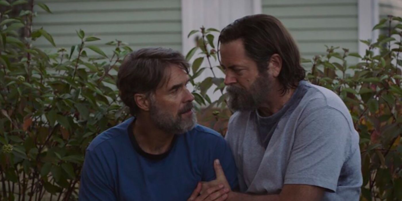 Bill embracing Frank, his hand on his as they look lovingly at one another in a scene from The Last of Us.