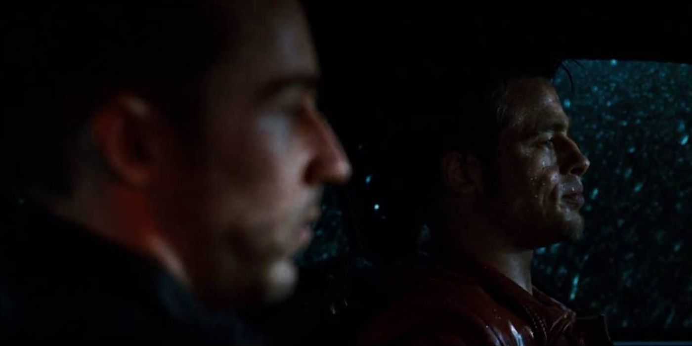 The Narrator and Tyler Durden in the car in Fight Club