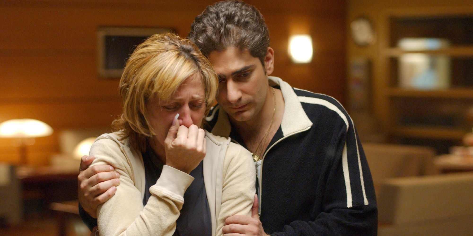 Christopher consoling a crying Carmela in The Sopranos