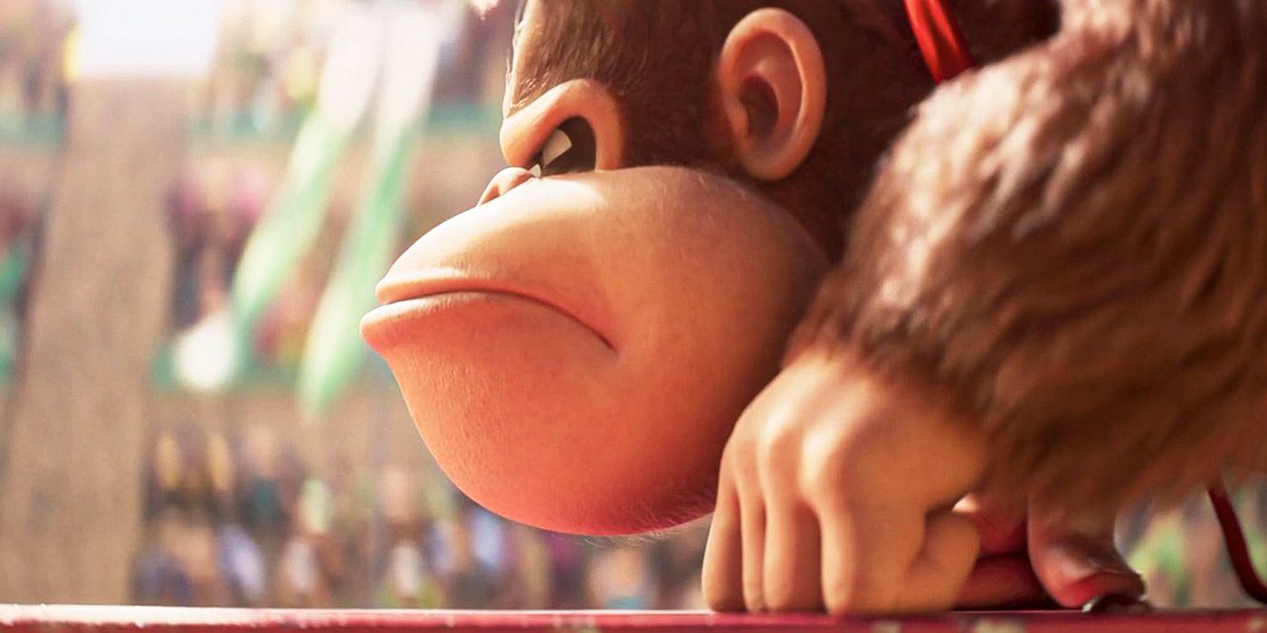 Donkey Kong crouches down and prepares to launch forward in The Super Mario Bros. Movie.