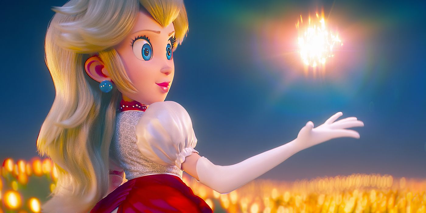 La princesa Peach, con la voz de Anya Taylor-Joy, sonríe y sostiene una bola de fuego en la película 