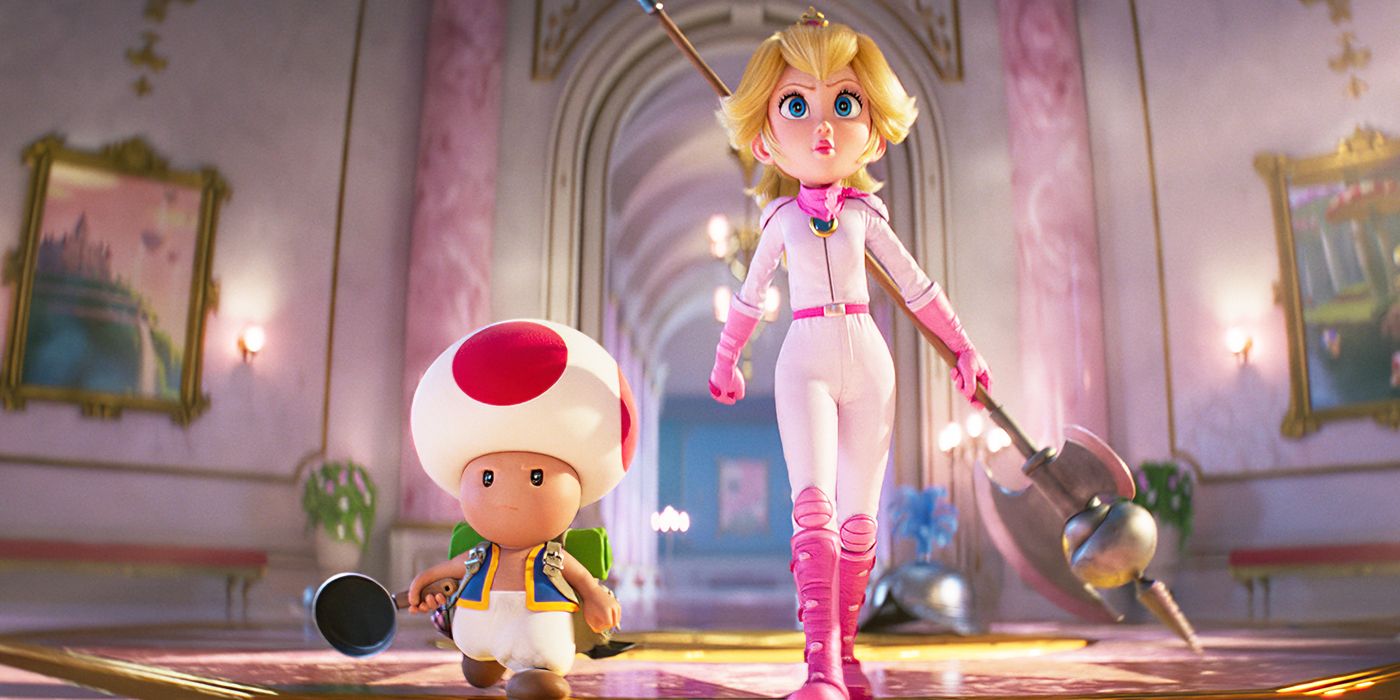 Peach, voiced by Anya-Taylor Joy, holding a spear, and Toad, voiced by Keegan-Michael Key, holding a frying pan, walking forward with determination in The Super Mario Bros. Movie