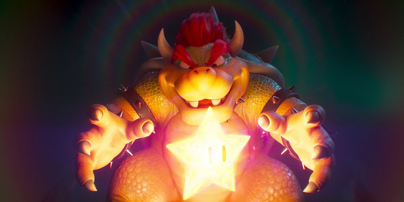 Bowser (voiced by Jack Black) about to grab the star in The Super Mario Bros. Movie