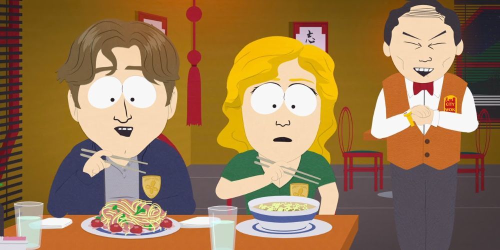Two Yelp reviewers eating food at City Wok in South Park, Season 19