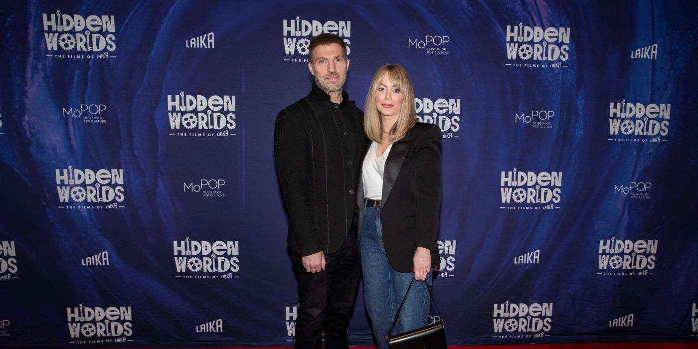 Travis Knight and his wife Maryse Fitzpatrick  at the opening night for Hidden Worlds: The Films of Laika at MoPop