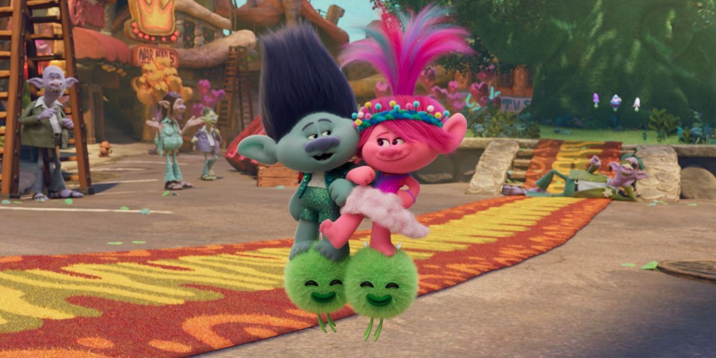 Branch voiced by Justin Timberlake and Poppy voiced by Anna Kendrick in Trolls Band Together