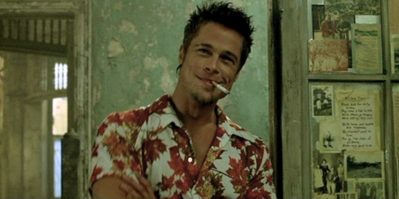 Brad Pitt's Tyler Durden smiling with a cigarette in Fight Club