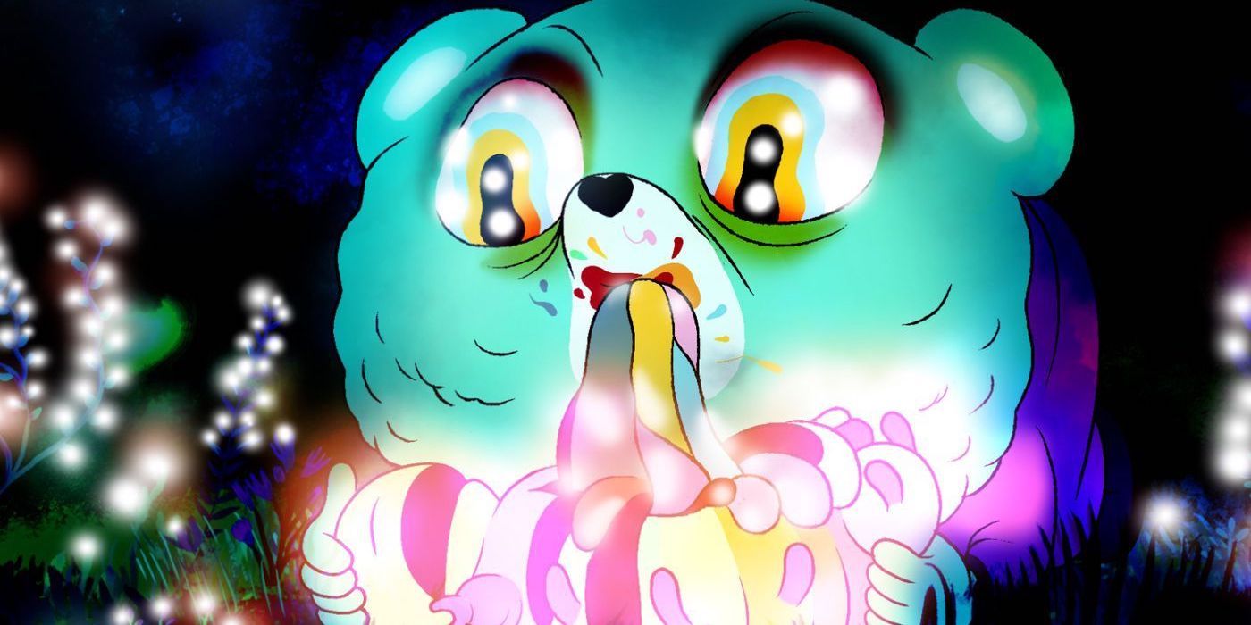 A rainbow-colored teddy bear drinks the blood of a bug in Unicorn Wars. 