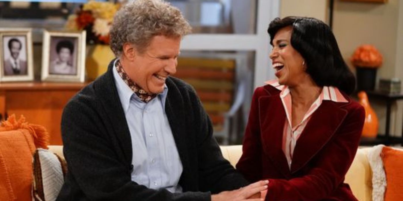 Will Ferrell and Kerry Washington on the couch in Live in Front of a Studio Audience
