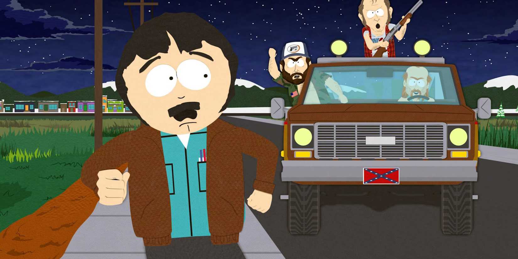 Randy Marsh runs away from a truck of gun-toting hillbillies on a starry night in South Park.