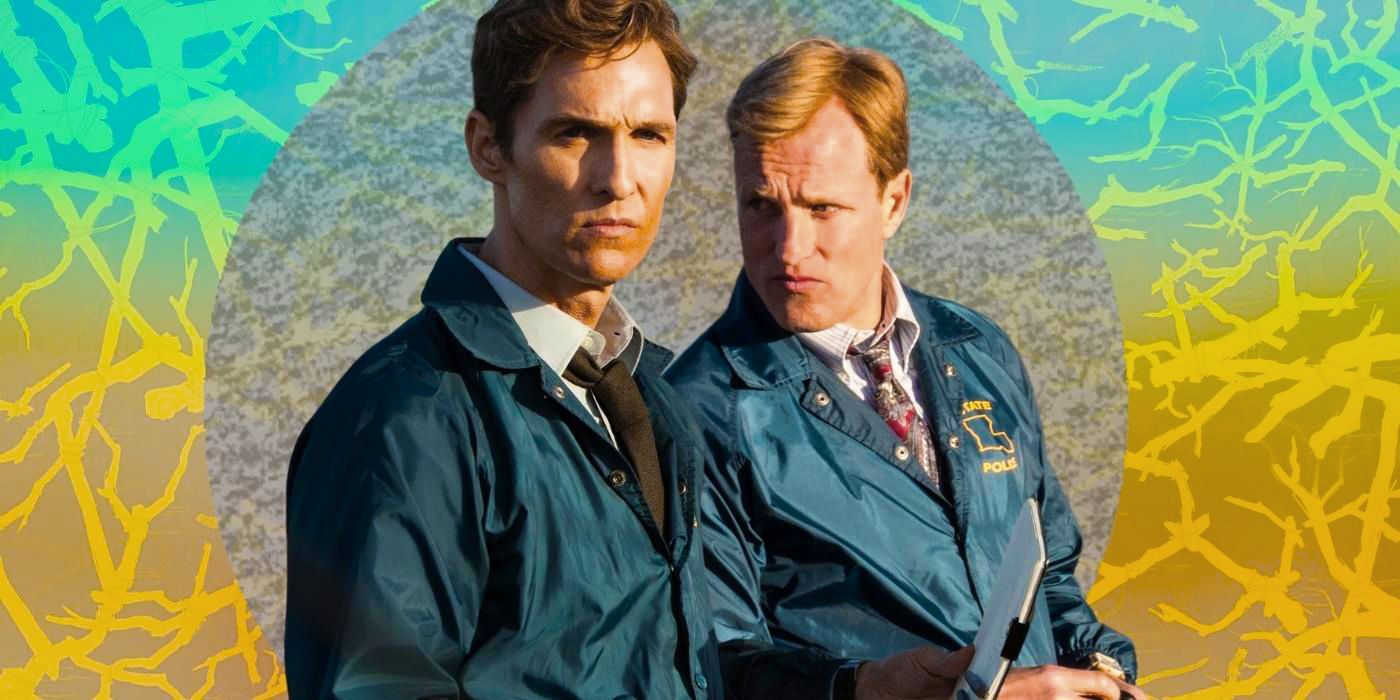 Woody Harrelson and Matthew McConaughey in True Detective with a stylized background