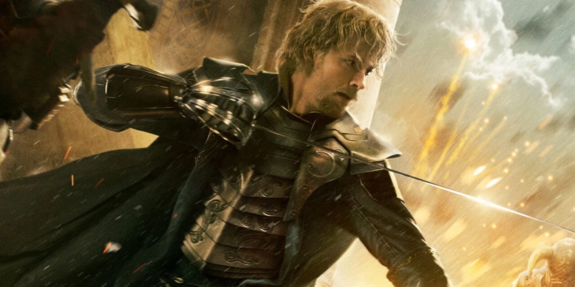Zachary Levi in 'Thor: The Dark World', wielding a sword in front of an explosion