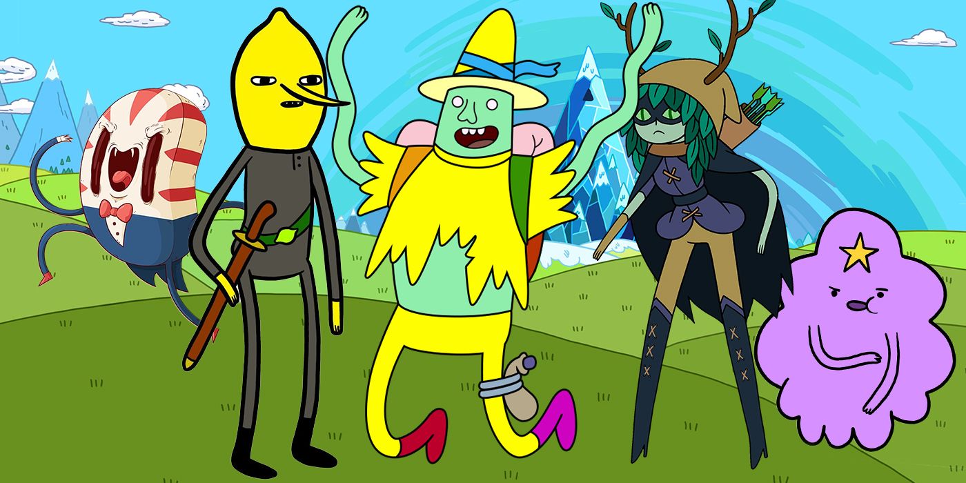 From L to R: anthopormphic mint in suit, anthopormphic lemon in black uniform, green skinned man in yellow clothes, green-skinned woman in dark uniform, anthropormorhpic pink lump with star in head 
