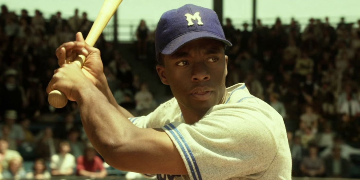 Chadwick Boseman as Jackie Robinson at bat in 42