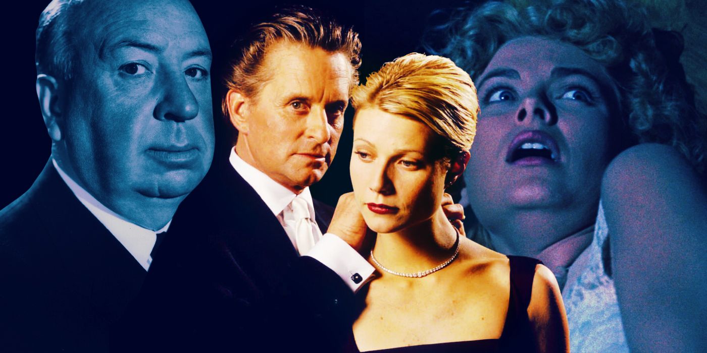 Michael Douglas & Gwyneth Paltrow from A Perfect Murder against a background of Alfred Hitchcock and Grace Kelly
