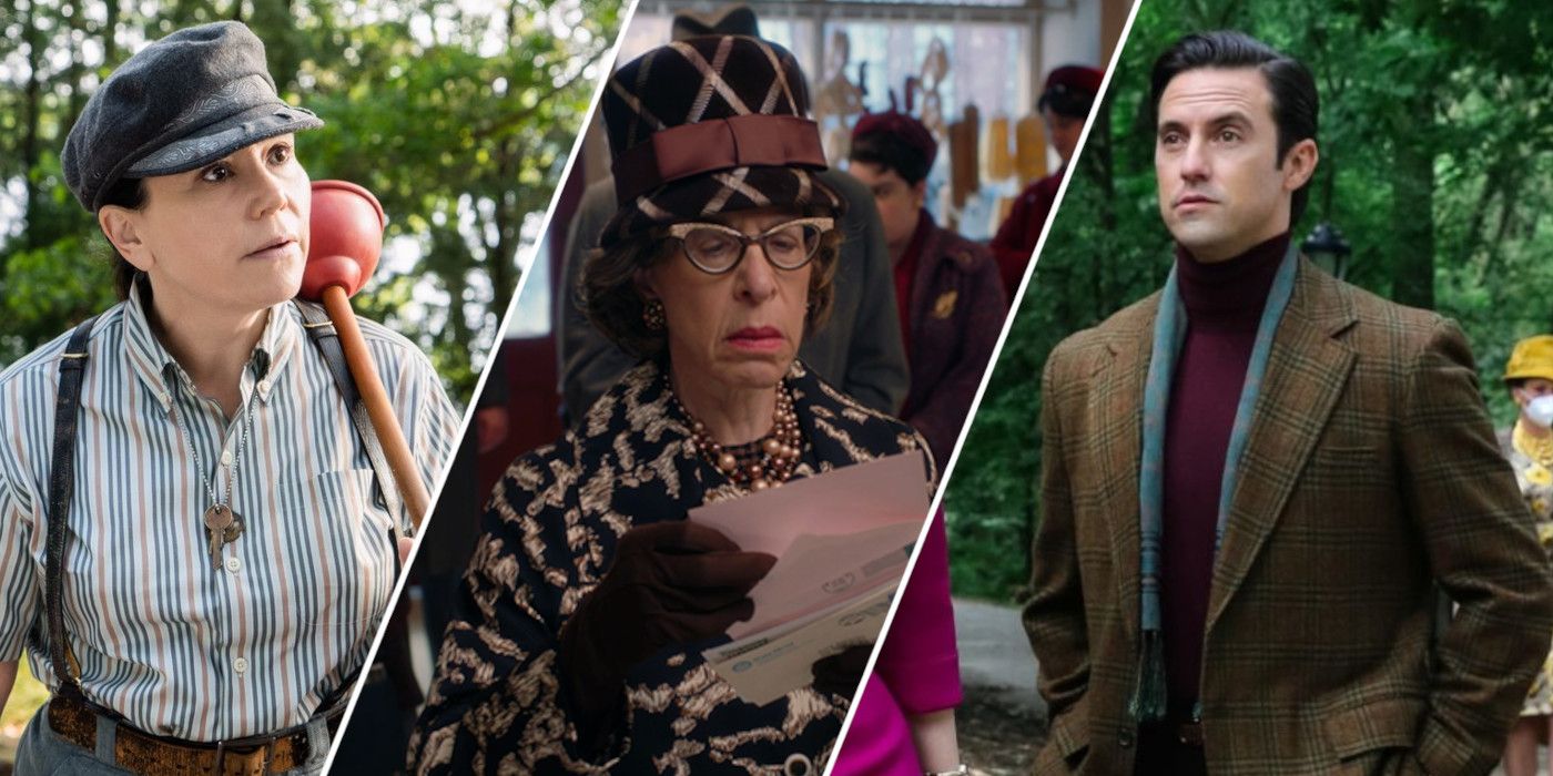 Split image showing Alex Borstein, Jackie Hoffman, and Milo Ventimiglia in The Marvelous Mrs. Maisel