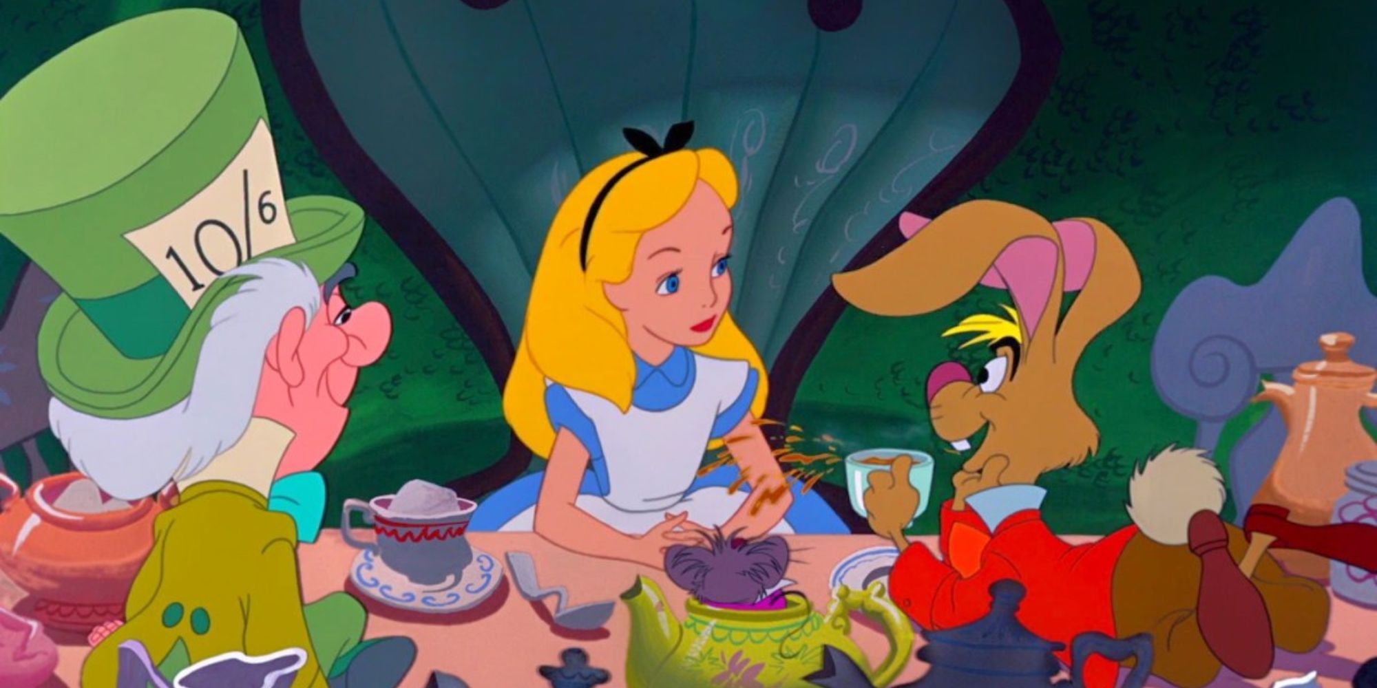 Alice has tea with the Mad Hatter and March Hare in Alice in Wonderland (1951)