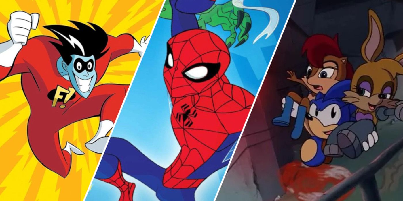from L to R: The hero Freakazoid, a blue skinned man in a red jumpsuit. spider-man in a red-blue spider themed costume; sonic the hedgehog carrying sally acorn and Bunnie Rabbot in warehouse