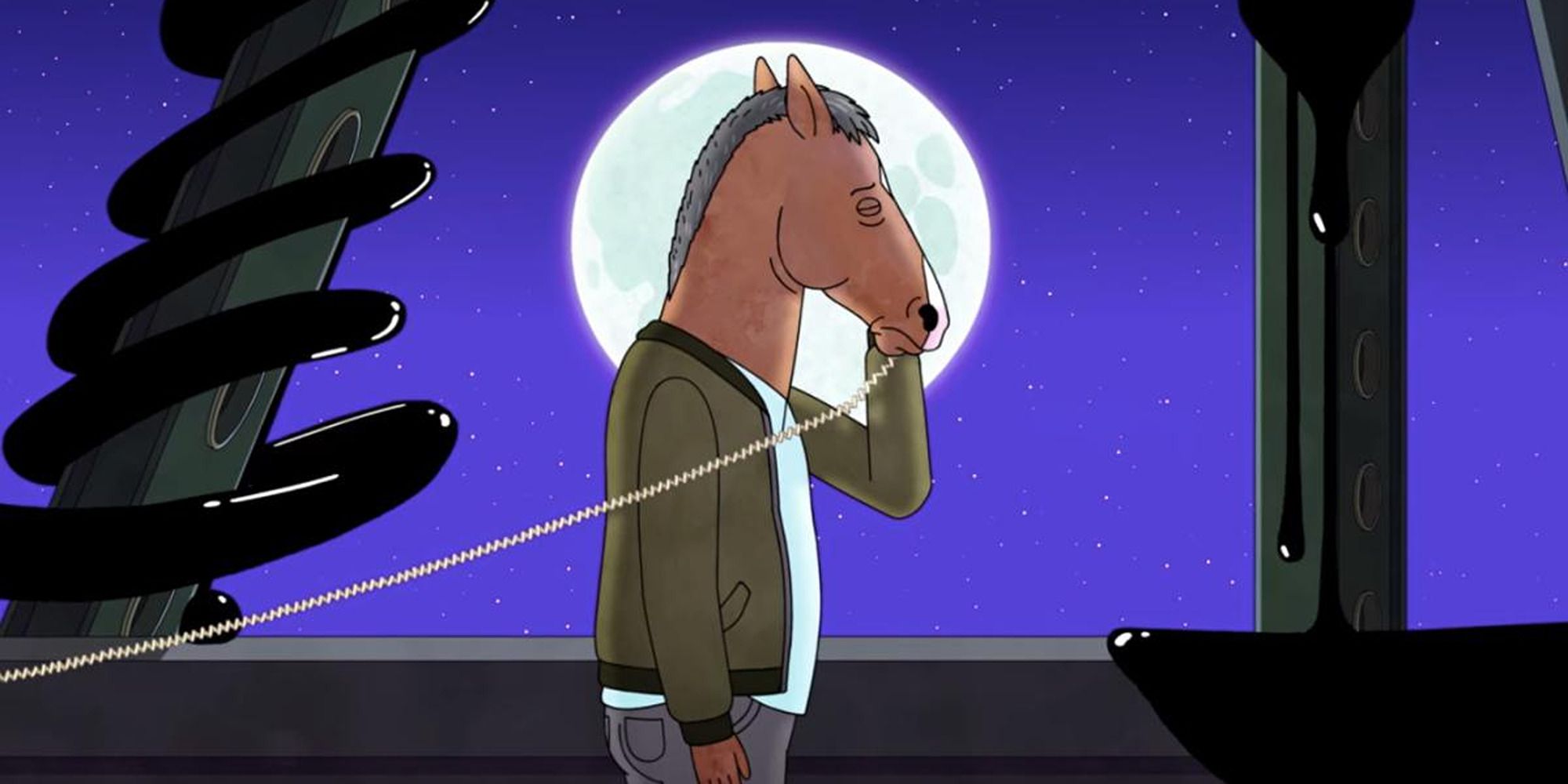 BoJack Horseman in a bridge full of black goo, holding a phone in front of the moon