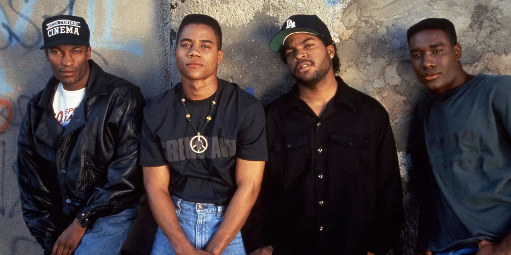 Boyz-N-the-Hood publicity photo of John Singleton, Cuba Gooding, Jr., Ice Cube, and Morris Chestnut.