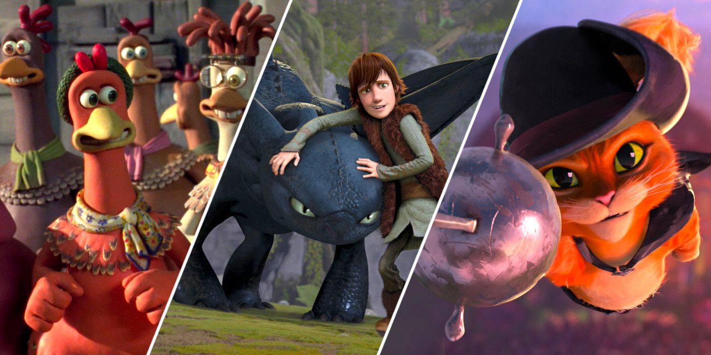 Characters from Chicken Run, How to Train Your Dragon, and Puss in Boots The Last Wish