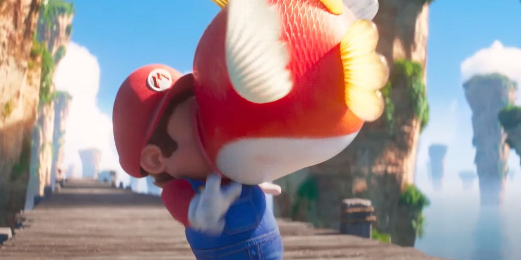 Cheep Cheep s'accroche au visage de Mario dans le film Super Mario Bros.