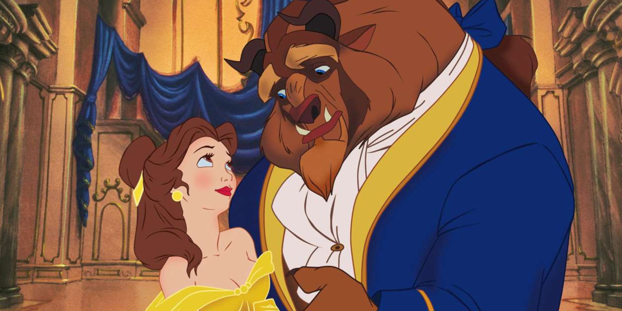 Belle and the Beast looking at each other lovingly in Beauty and the Beast