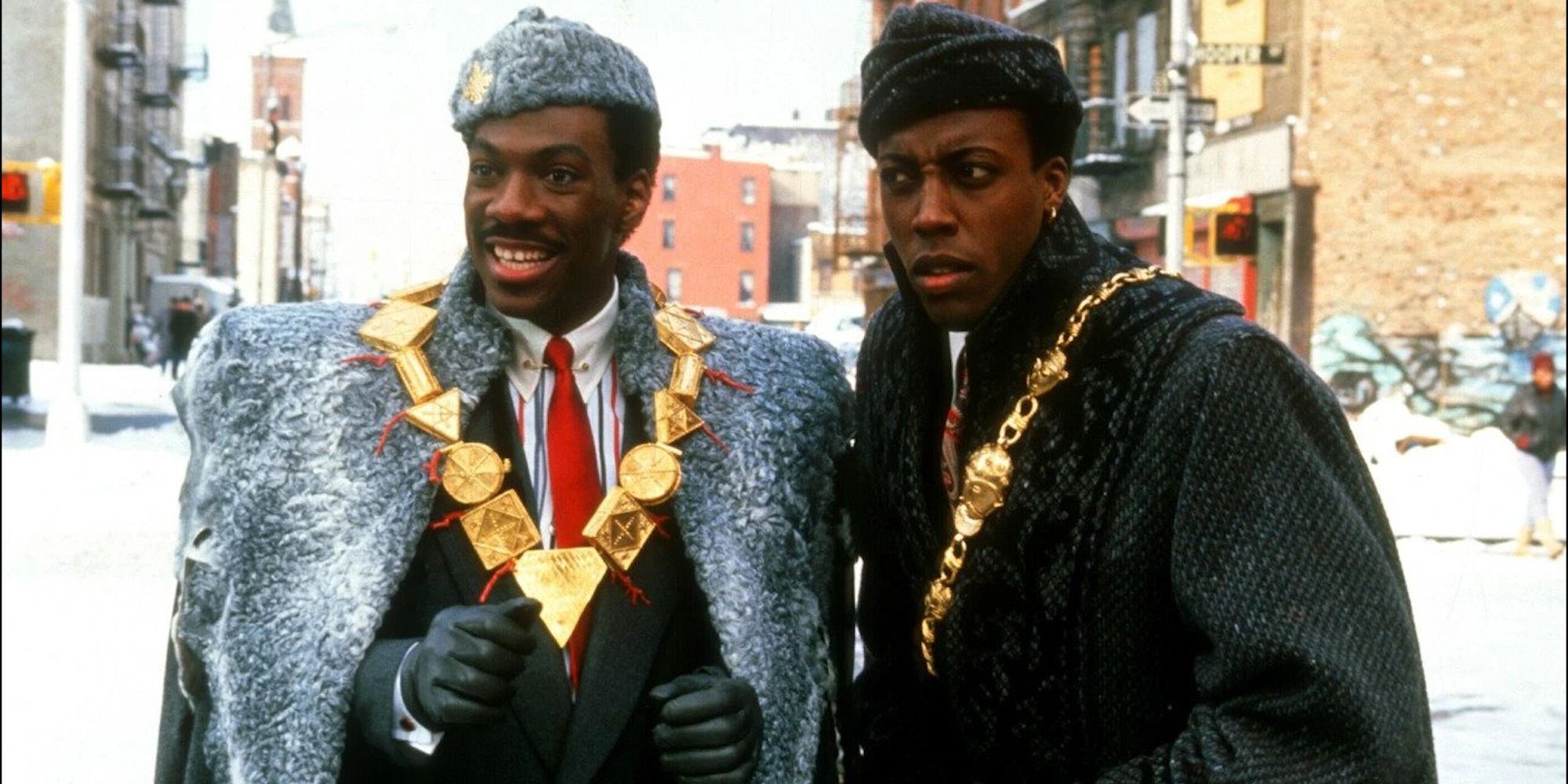 Eddie Murphy as Akeem arriving with Arsenio Hall as Semmi in Coming to America