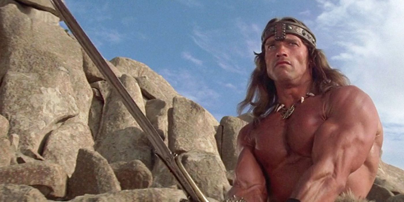 Conan, played by Arnold Schwarzenegger, brandishing a sword in Conan the Destroyer