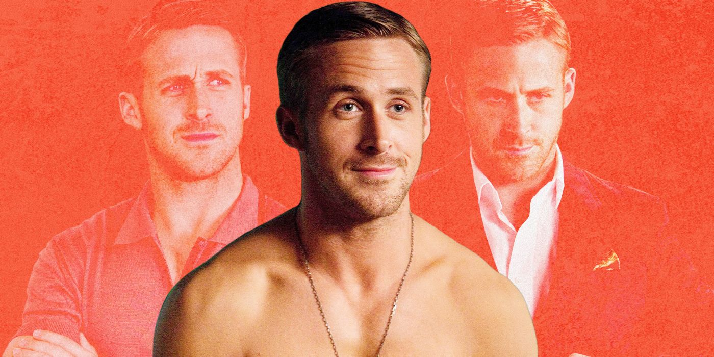 Three different versions of Ryan Gosling from Crazy Stupid Love in a composite image with a red background