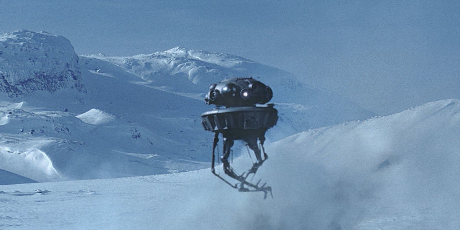 An Imperial probe droid looking onward at it locates the Rebel Alliance Base on the ice planet Hoth. 