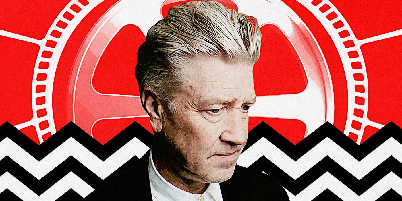 Custom image of David Lynch against a red background with a film reel and black & white waves