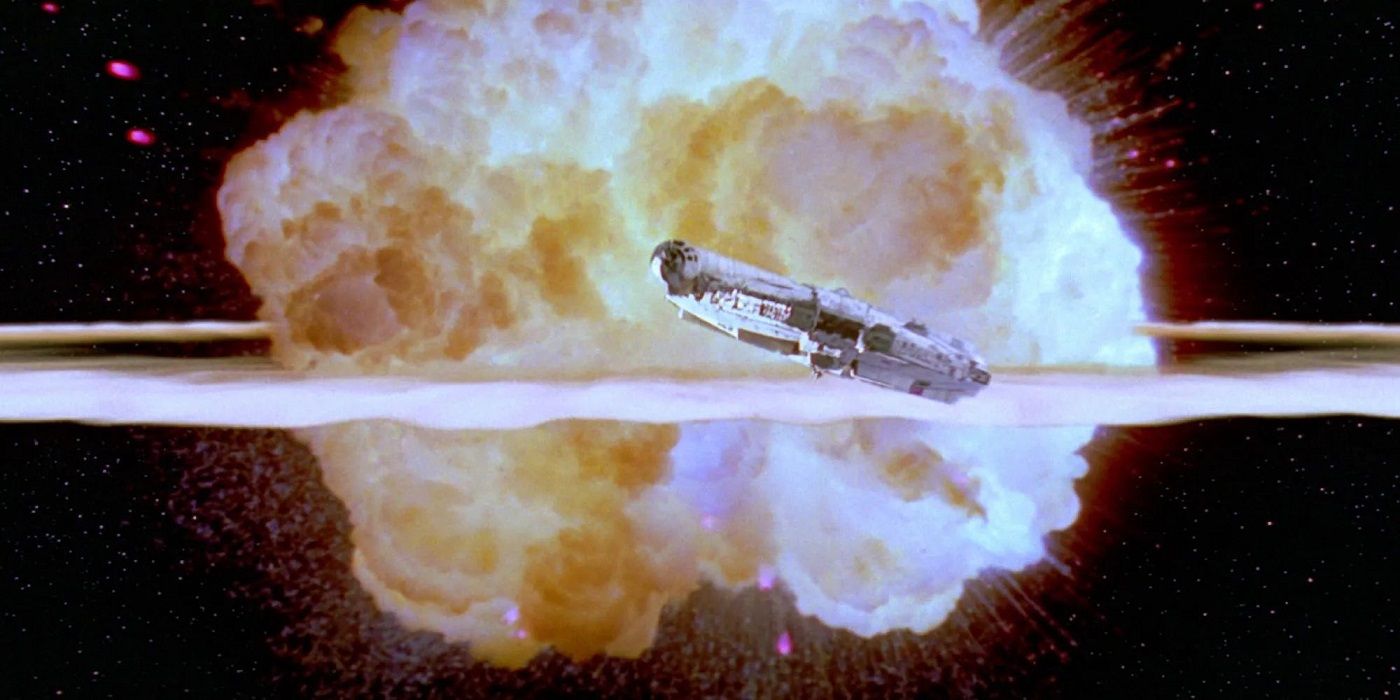 The Millennium Falcon flies away from the exploding Death Star in 'Return of the Jedi'.