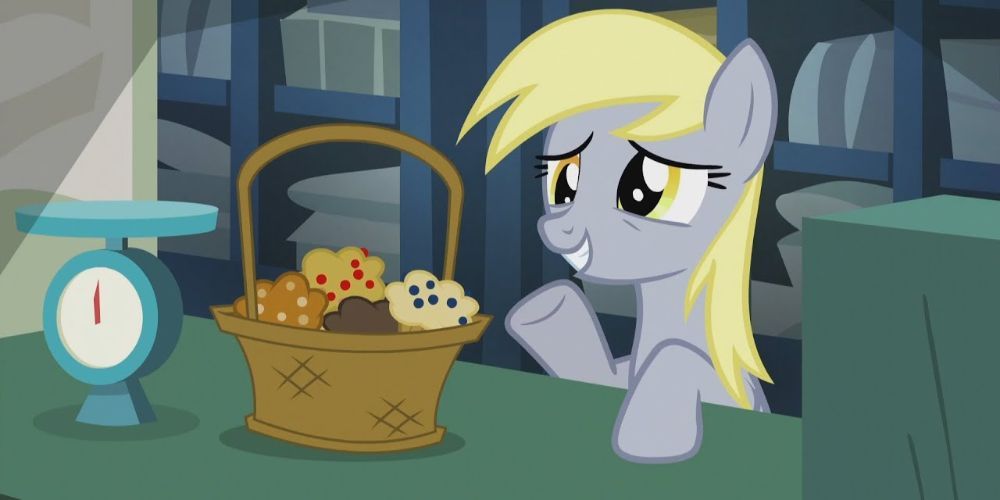 Derpy Hooves/Muffins offers a basket of muffins as apology for a mistake.